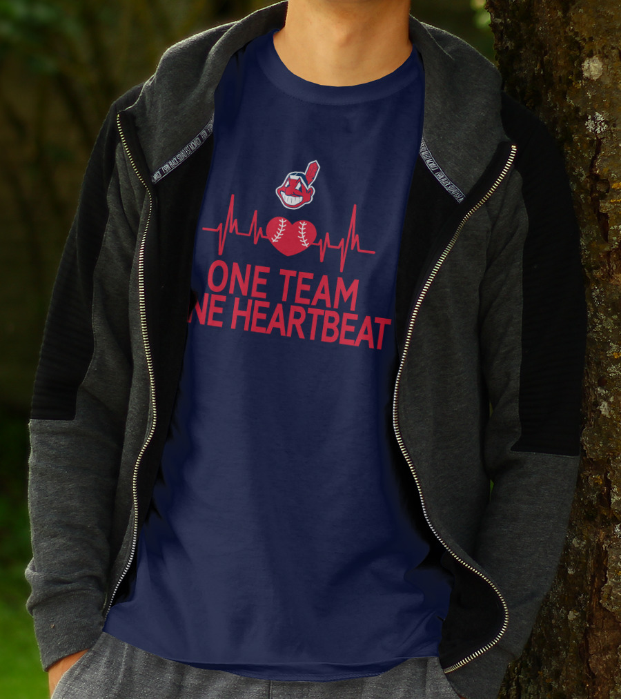 Cleveland Indians One Team One Heartbeat Baseball Heartbeat Line Chief Wahoo T-Shirt