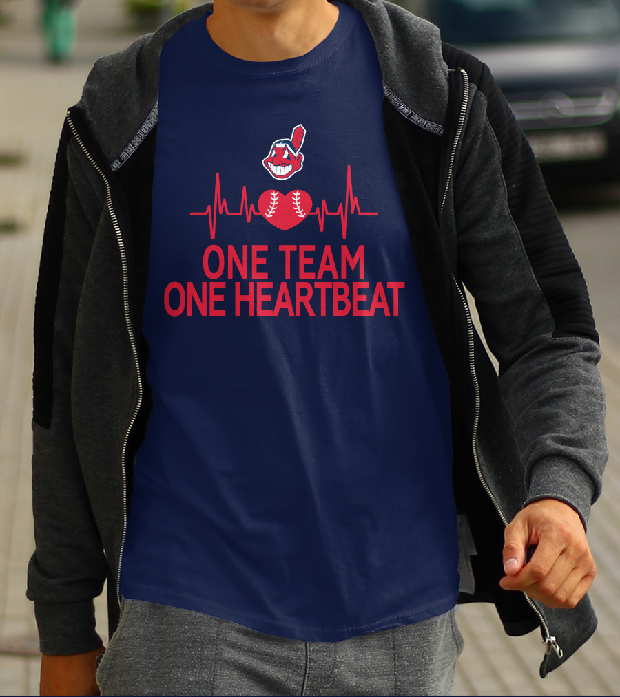 Cleveland Indians One Team One Heartbeat Baseball Heartbeat Line Chief Wahoo T-Shirt