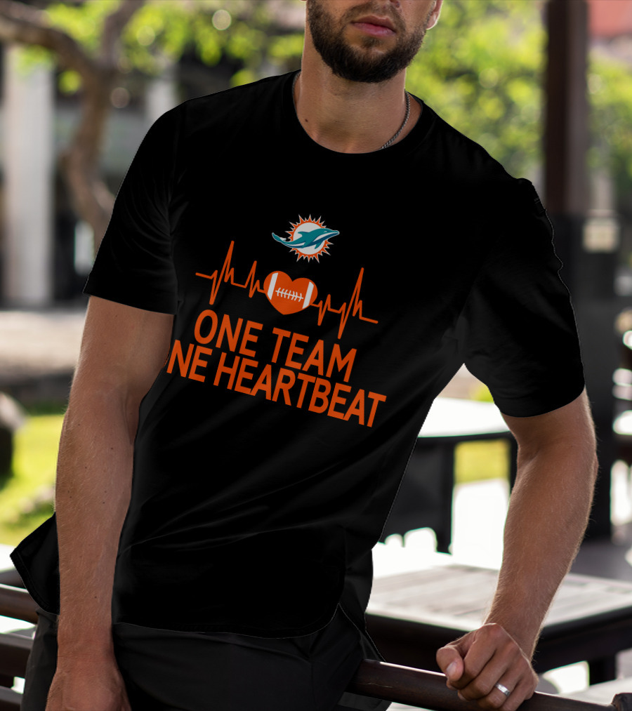 Miami Dolphins One Team One Heartbeat Football Heartbeat Line T-Shirt