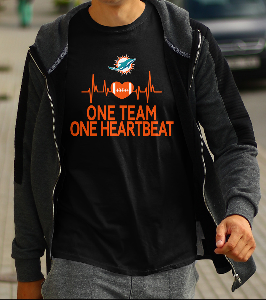 Miami Dolphins One Team One Heartbeat Football Heartbeat Line T-Shirt