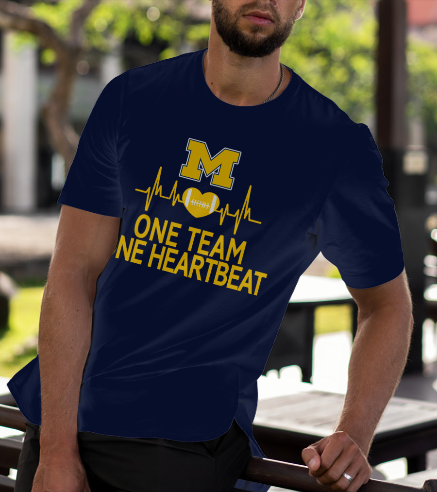 M Michigan Wolverines Football One Team One Heartbeat T-Shirt