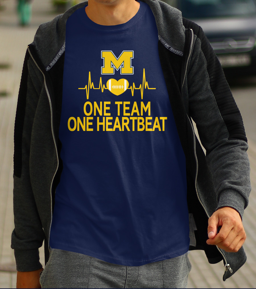 M Michigan Wolverines Football One Team One Heartbeat T-Shirt