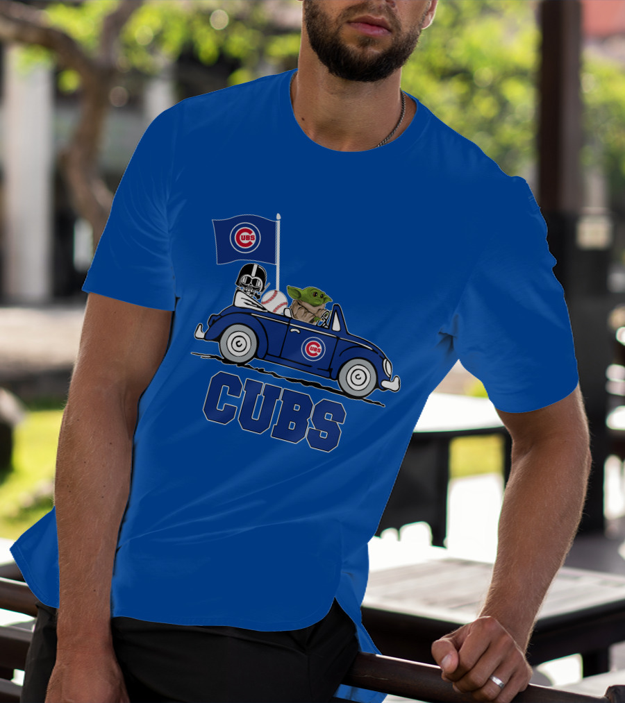Chicago Cubs Darth Vader Baby Yoda Driving Star Wars Crossover T-Shirt