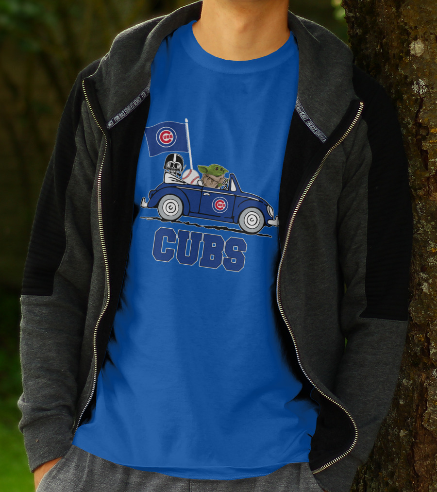 Chicago Cubs Darth Vader Baby Yoda Driving Star Wars Crossover T-Shirt