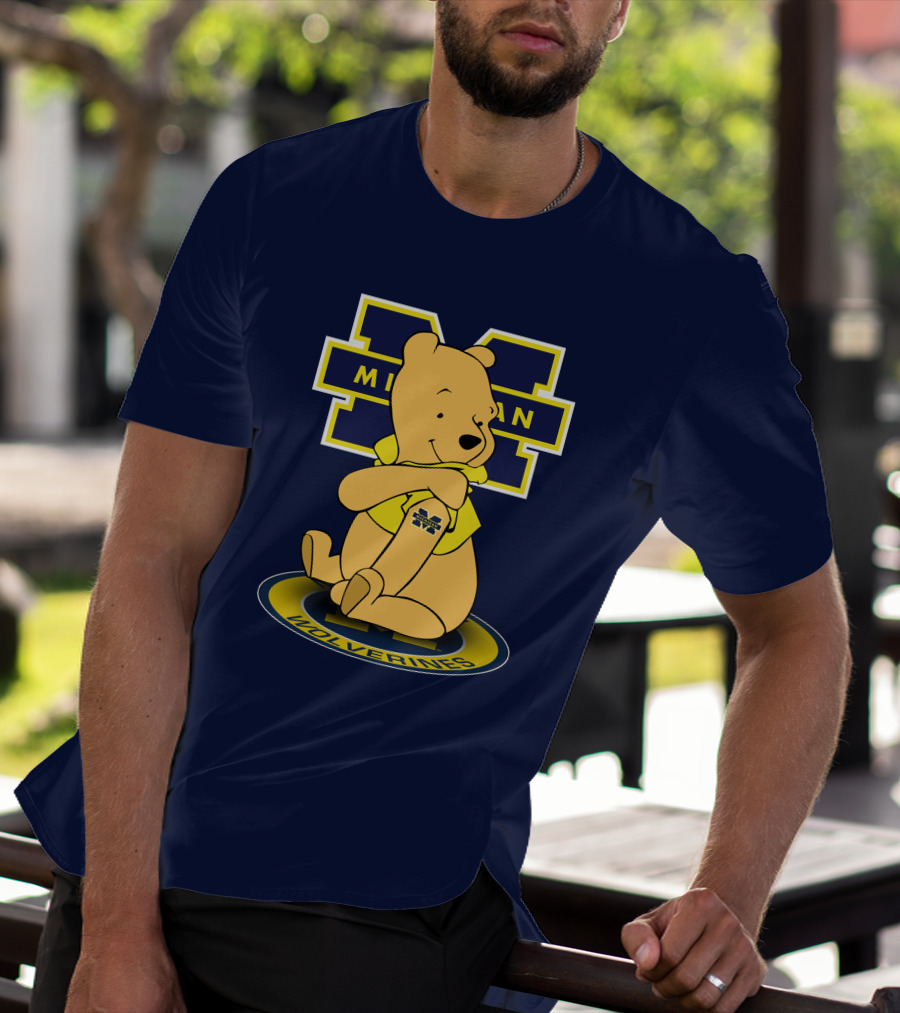 Michigan Wolverines Pooh Bear Sitting On Logo Badge T-Shirt