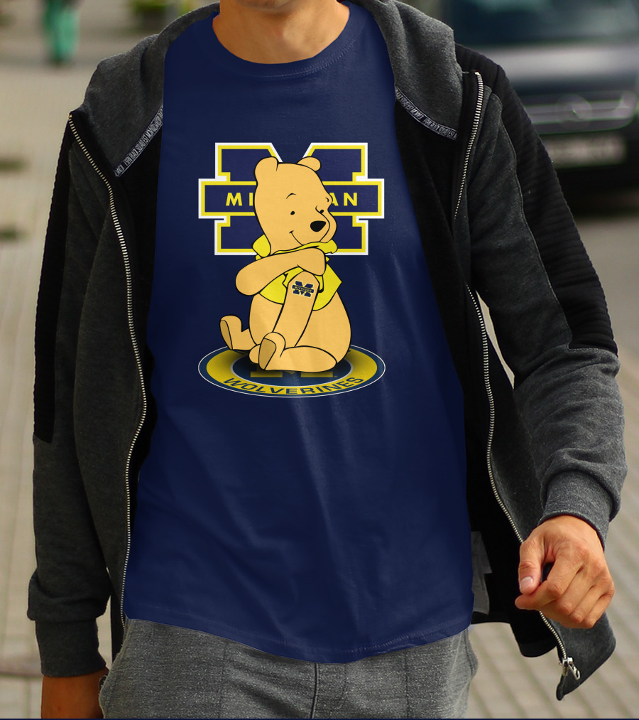 Michigan Wolverines Pooh Bear Sitting On Logo Badge T-Shirt