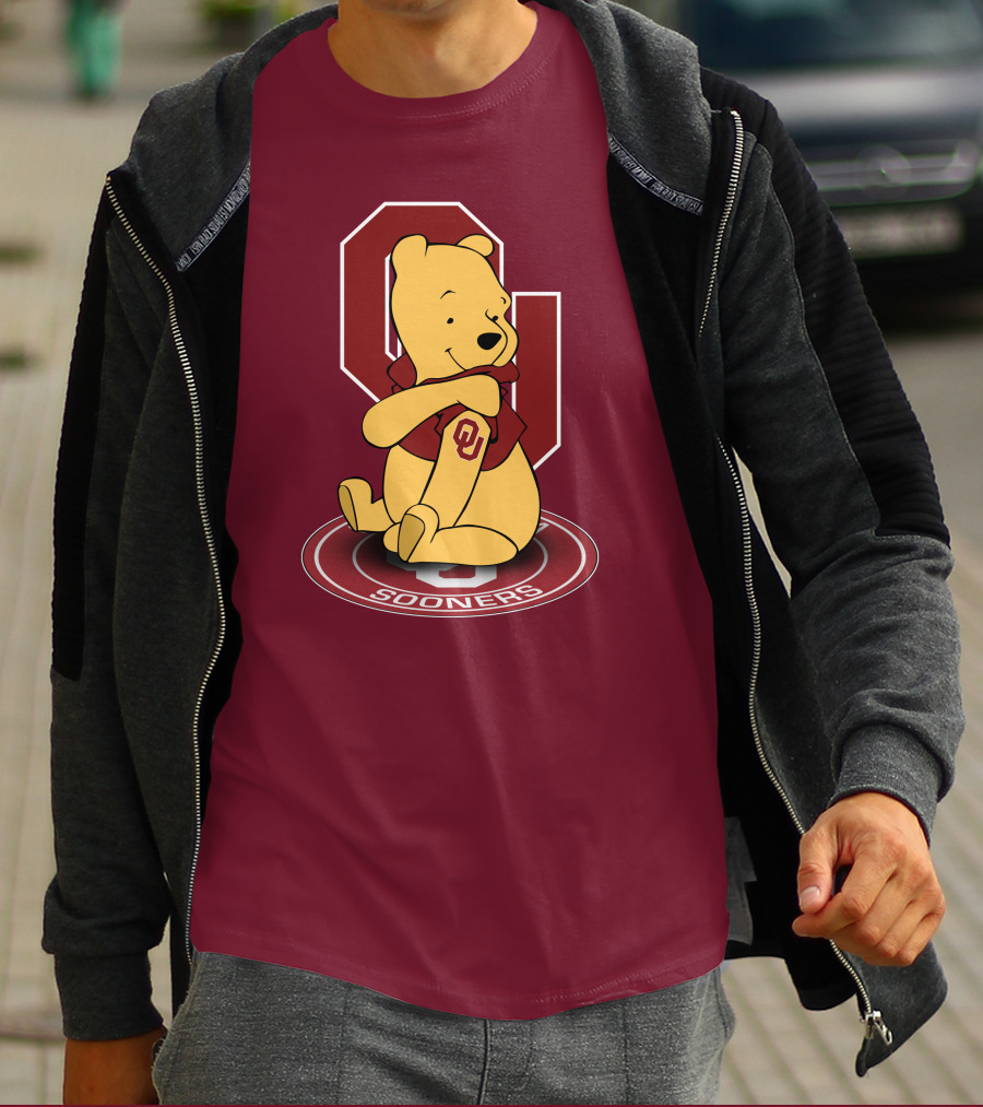 Winnie The Pooh With Oklahoma Sooners Logo And Letterman Jacket T-Shirt