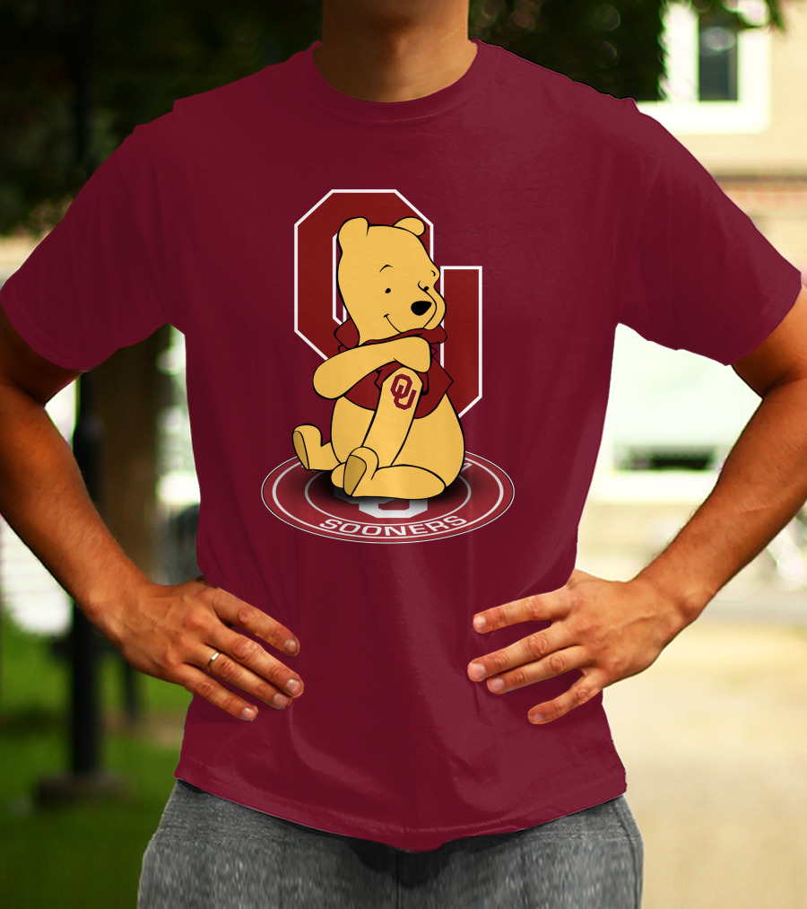 Winnie The Pooh With Oklahoma Sooners Logo And Letterman Jacket T-Shirt