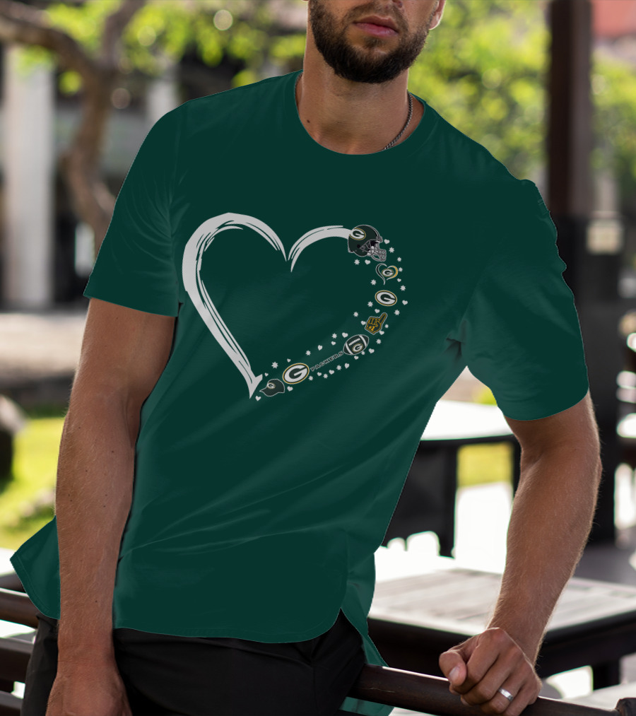 Green Bay Packers Heart With Logos And Helmet T-Shirt
