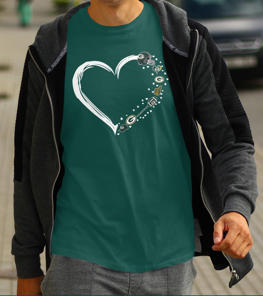 Green Bay Packers Heart With Logos And Helmet T-Shirt