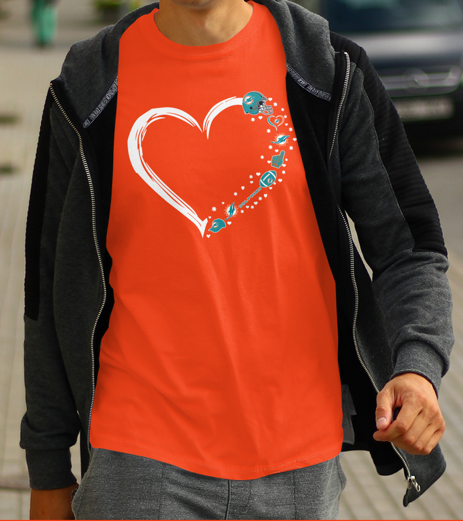 Miami Dolphins Heart Design With Helmets T-Shirt