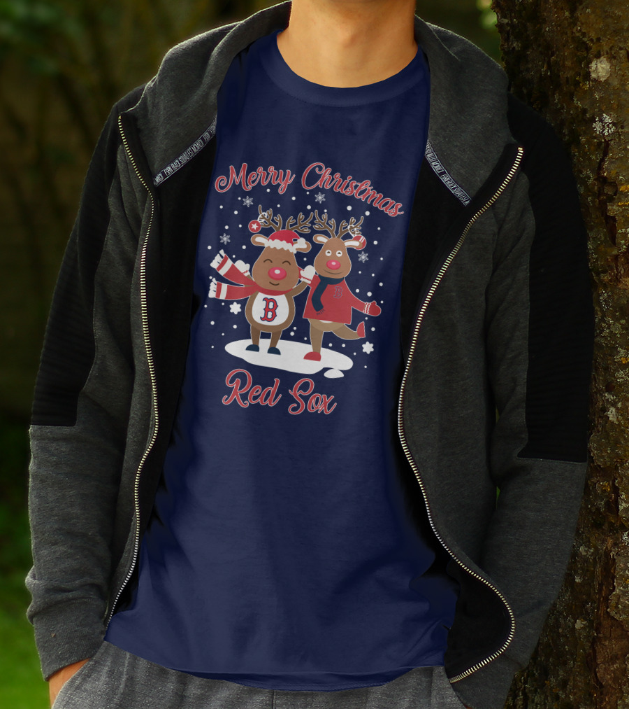 Merry Christmas Red Sox Reindeer With Snowflakes And Baseball Gear T-Shirt