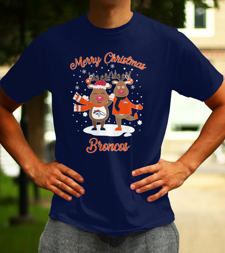 Merry Christmas Broncos Reindeer Snowflakes T-Shirt