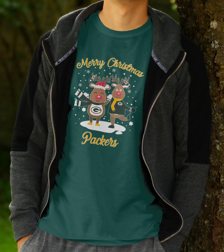 Merry Christmas Packers Reindeer With Green Bay Logo Winter Scene T-Shirt