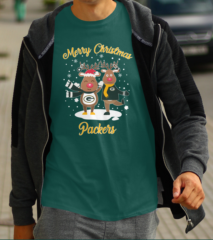 Merry Christmas Packers Reindeer With Green Bay Logo Winter Scene T-Shirt
