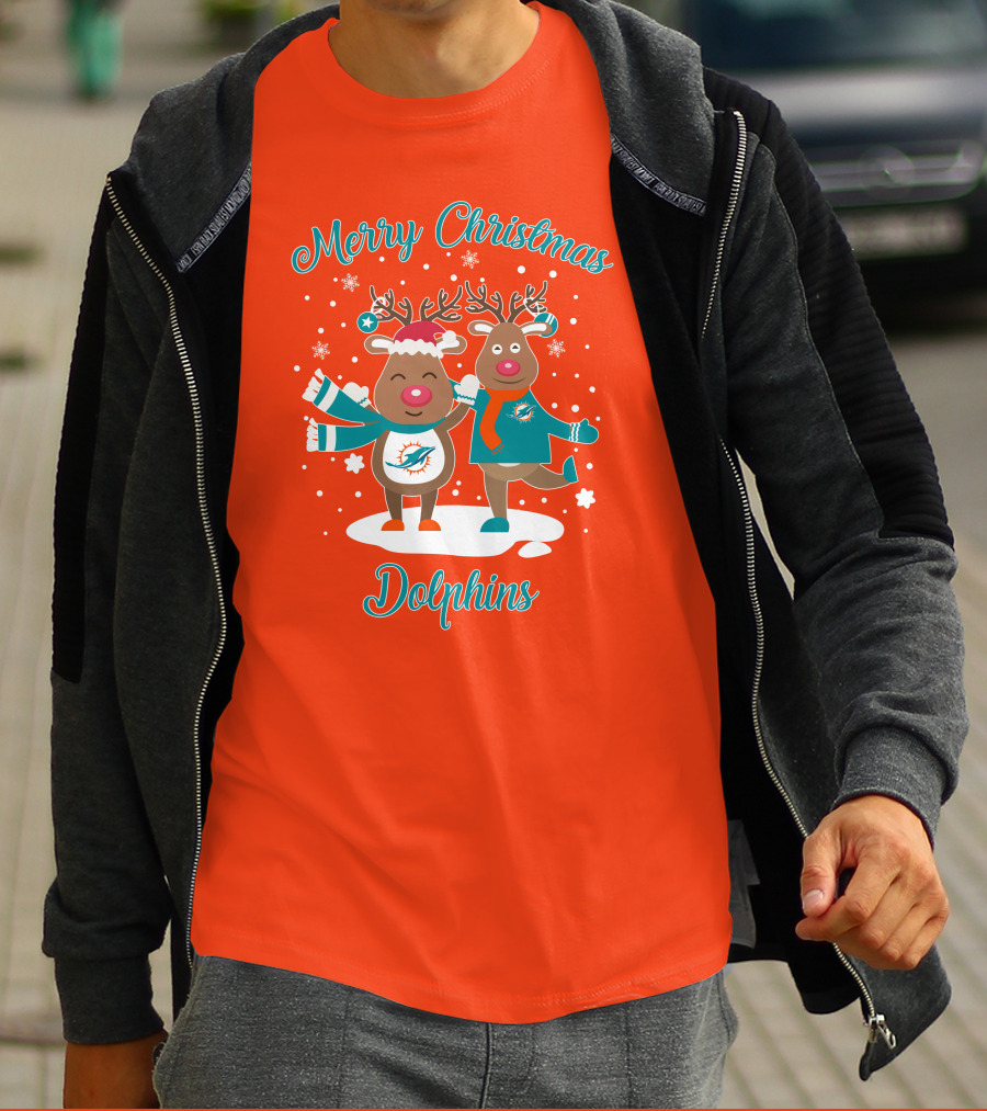 Merry Christmas Dolphins Reindeer Snowflakes T-Shirt