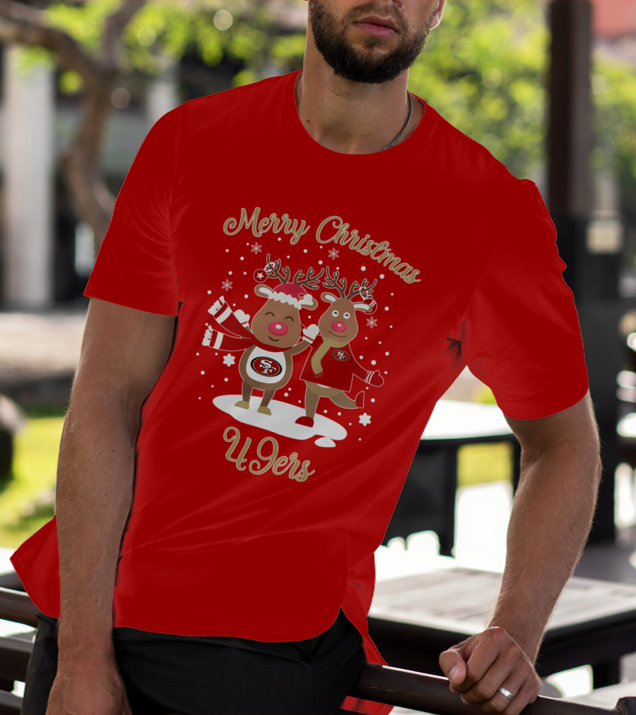 Merry Christmas 49ers Reindeer Festive Holiday T-Shirt