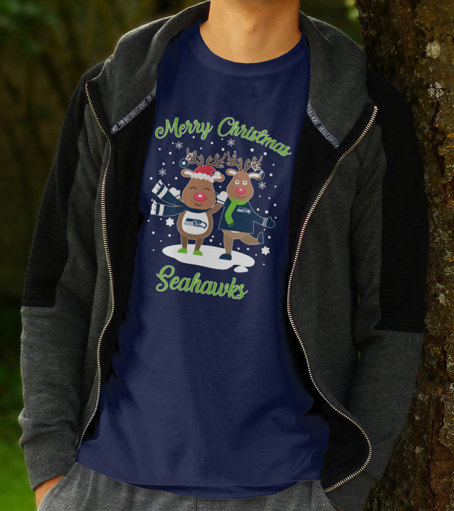 Merry Christmas Seattle Seahawks Reindeer Sweater Festive T-Shirt