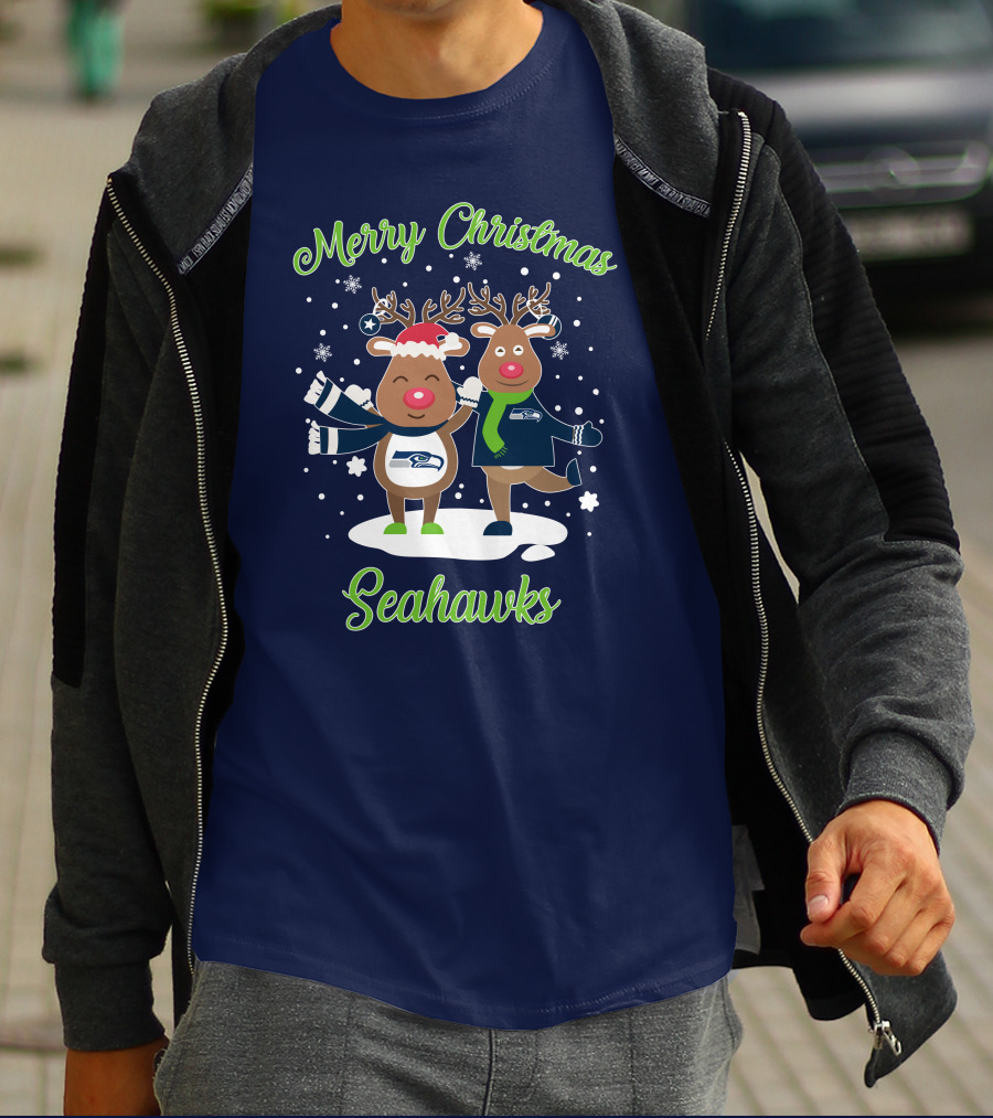 Merry Christmas Seattle Seahawks Reindeer Sweater Festive T-Shirt