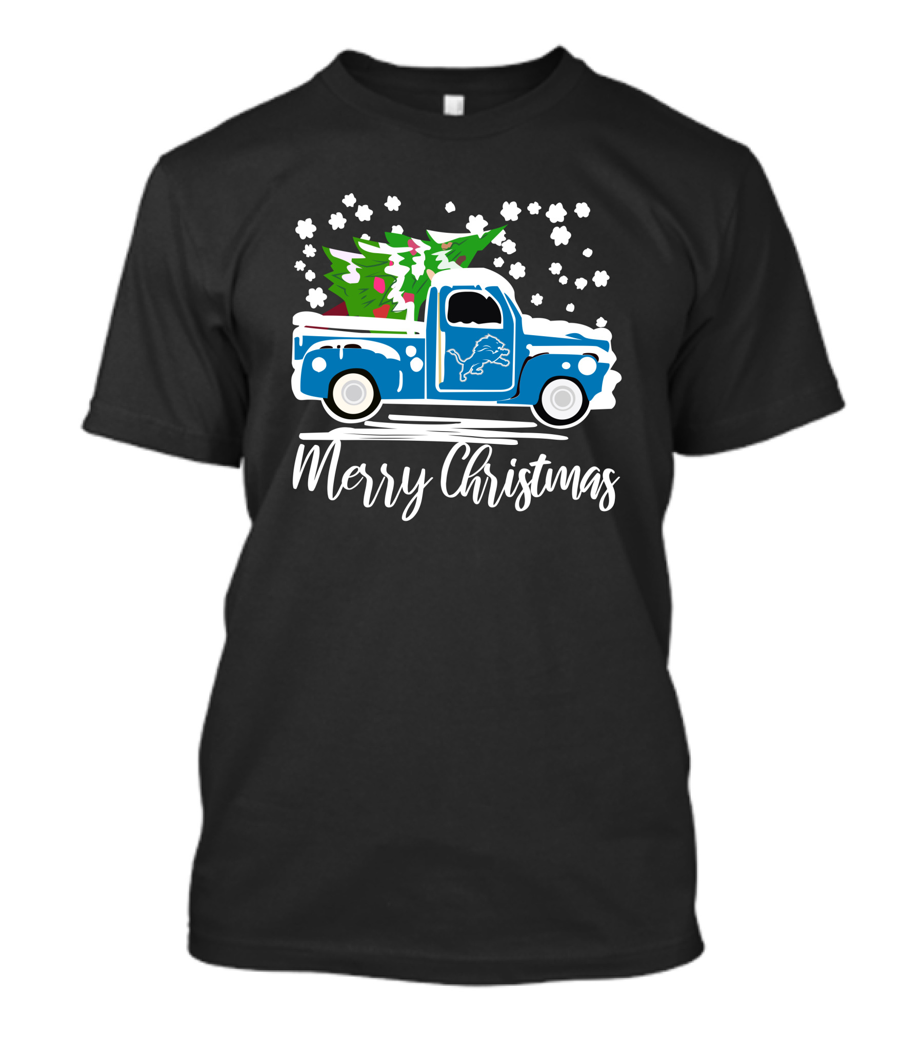 Detroit Lions Vintage Car Merry Christmas Snowy Tree Scene T-Shirt