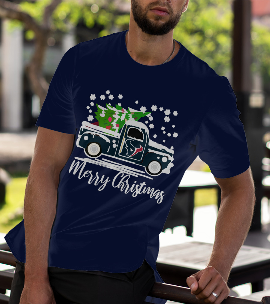 Houston Texans Merry Christmas Vintage Car With Christmas Tree T-Shirt