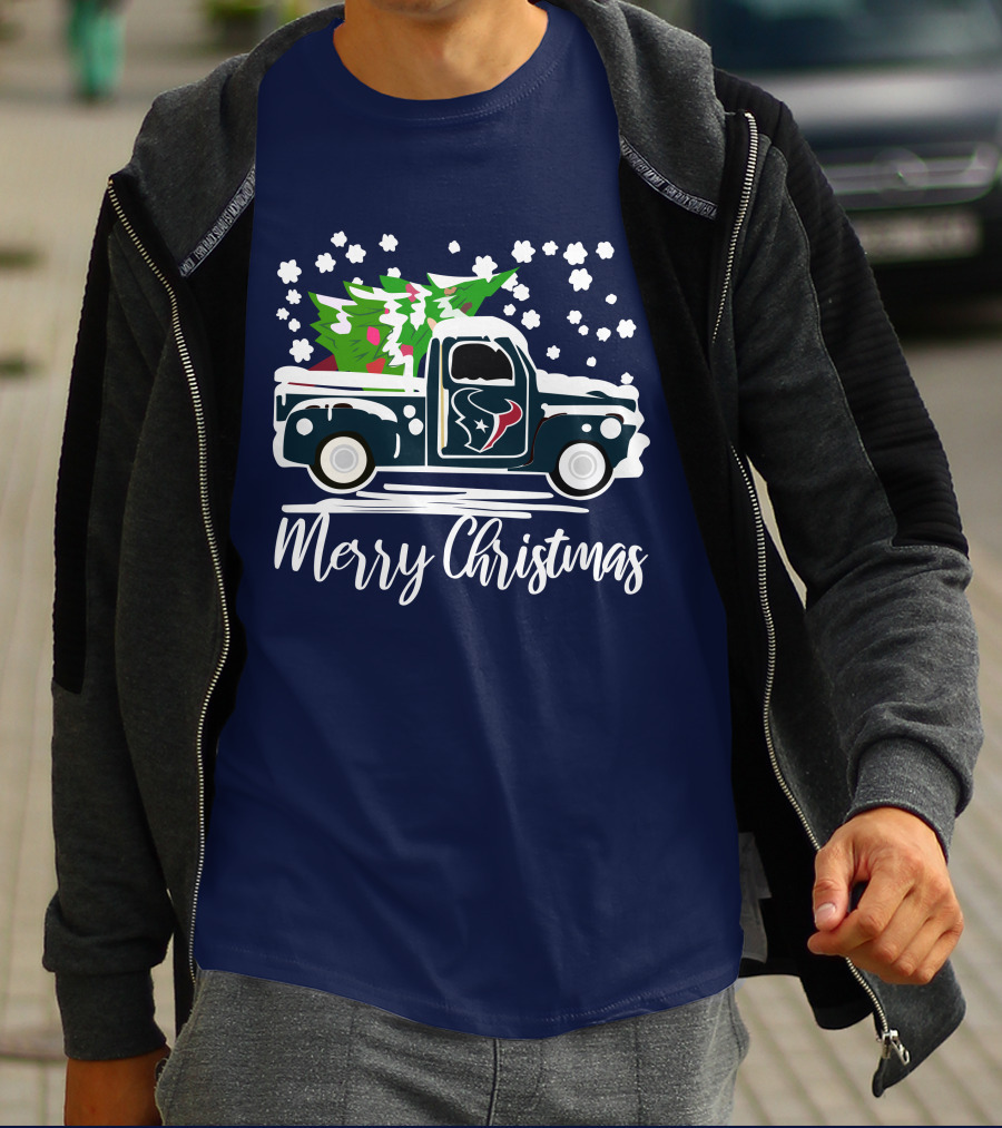 Houston Texans Merry Christmas Vintage Car With Christmas Tree T-Shirt