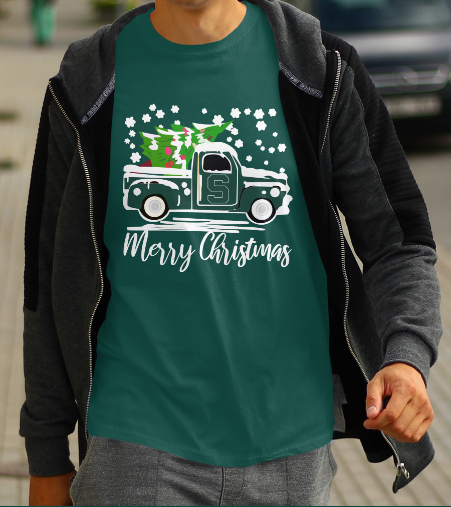Merry Christmas Michigan State Spartans Vintage Car With Christmas Tree T-Shirt