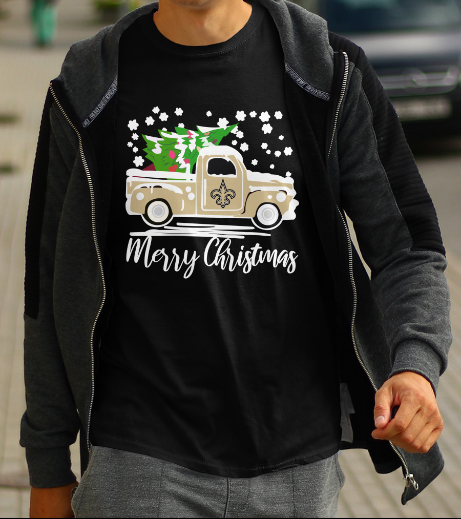 New Orleans Saints Vintage Car Merry Christmas Tree Snowflakes T-Shirt