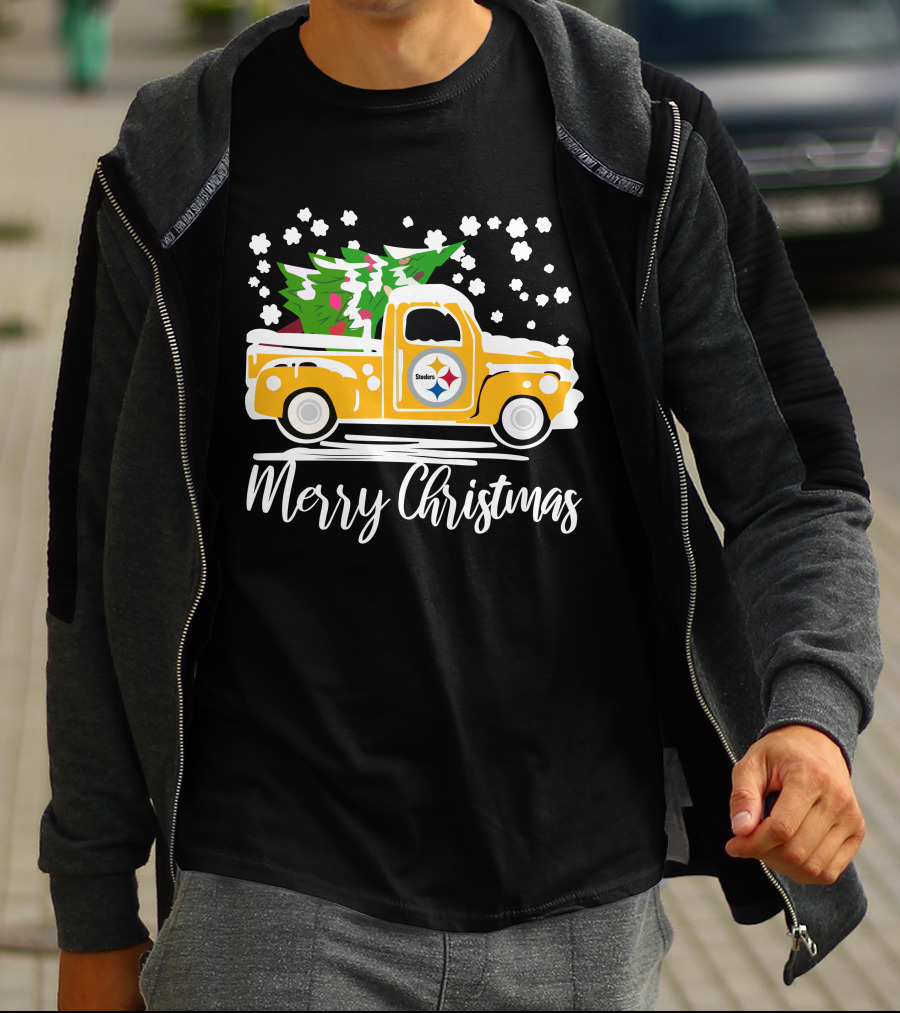 Pittsburgh Steelers Merry Christmas Vintage Car With Christmas Tree T-Shirt