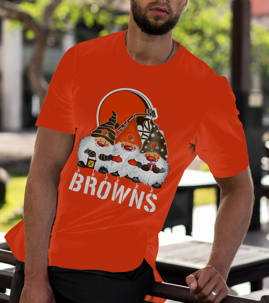 Cleveland Browns Merry Christmas Happy Holidays With Gnome Trio And Football Helmets T-Shirt