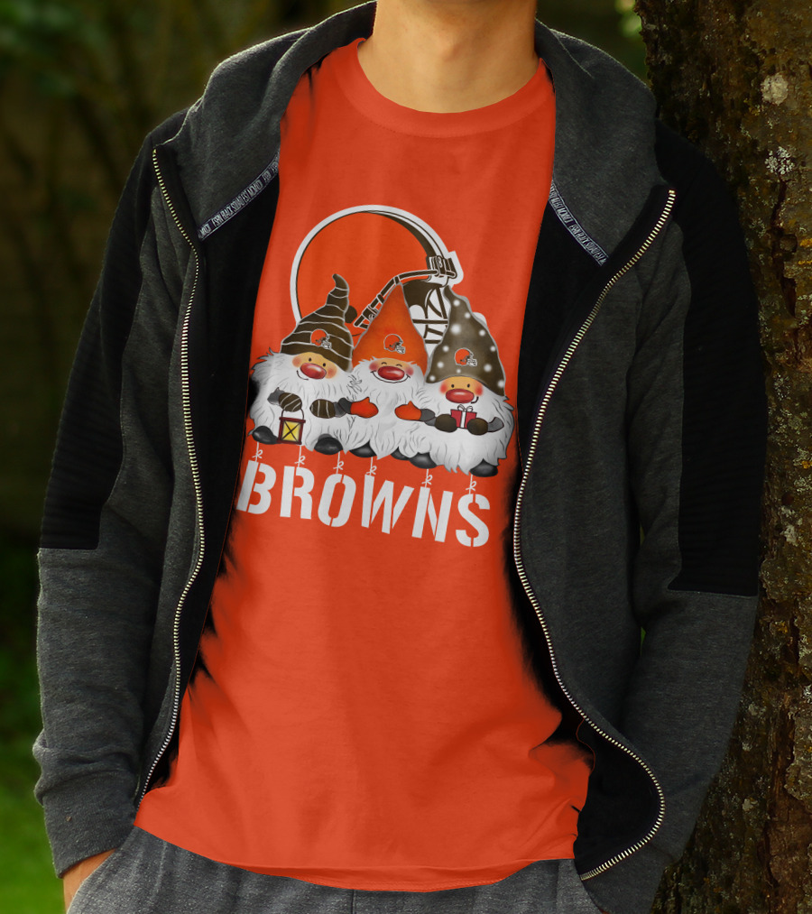 Cleveland Browns Merry Christmas Happy Holidays With Gnome Trio And Football Helmets T-Shirt