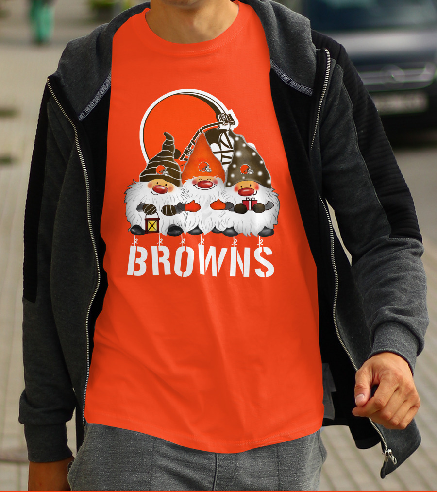 Cleveland Browns Merry Christmas Happy Holidays With Gnome Trio And Football Helmets T-Shirt