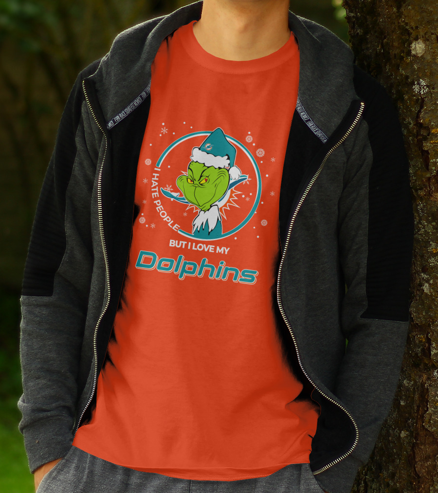 Christmas Grinch Santa I Hate People But I Love My Dolphins Miami Dolphins T-Shirt