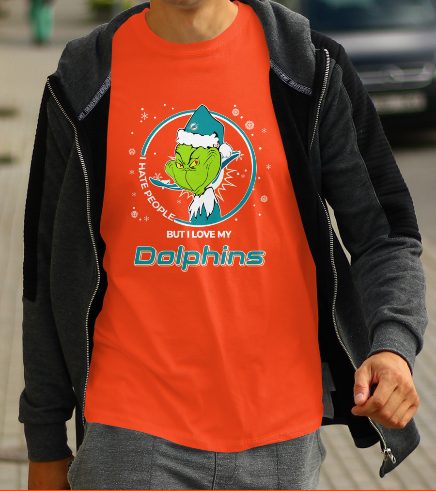 Christmas Grinch Santa I Hate People But I Love My Dolphins Miami Dolphins T-Shirt