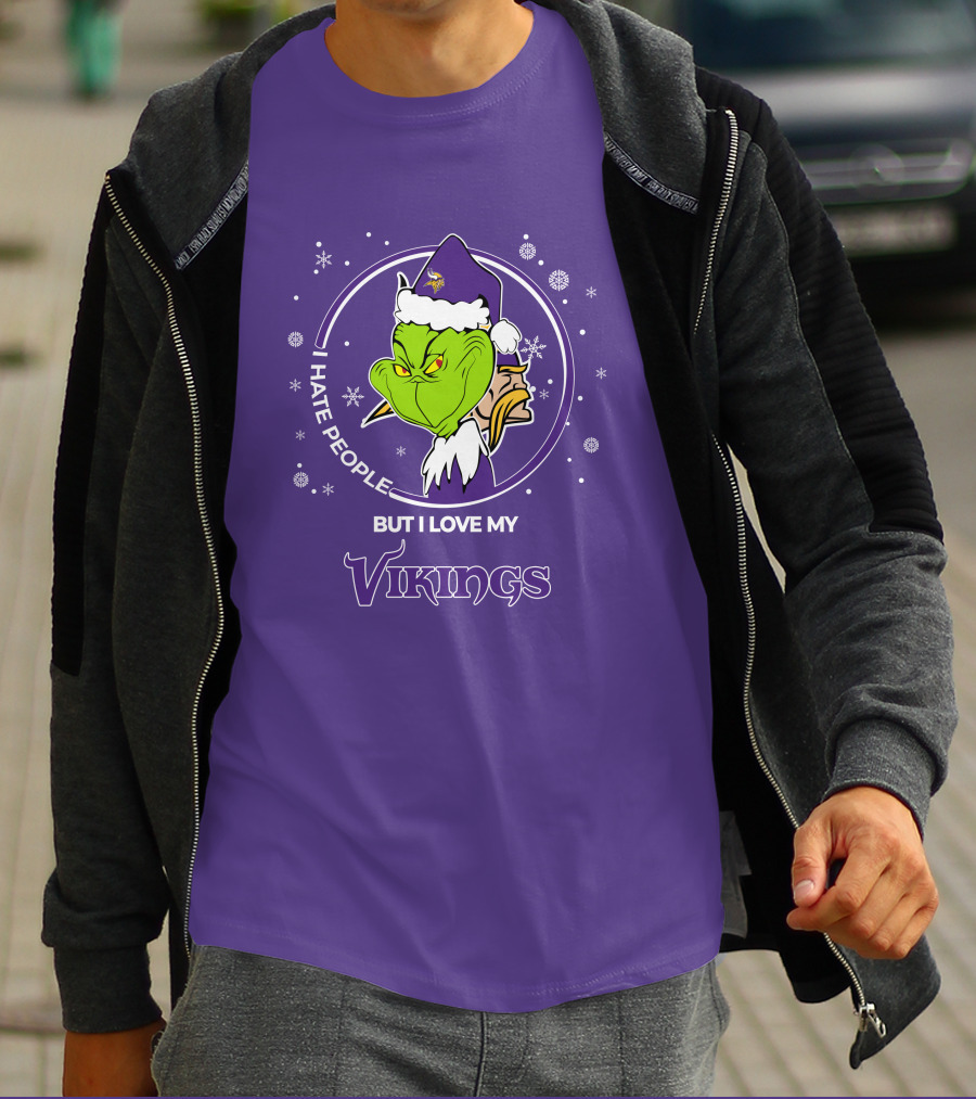 Christmas Grinch Santa I Hate People But I Love My Vikings T-Shirt