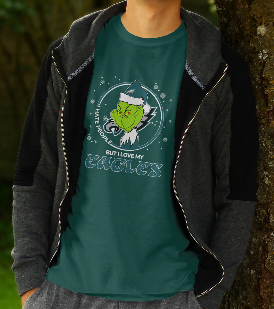 Christmas Grinch Santa I Hate People But I Love My Eagles Philadelphia T-Shirt