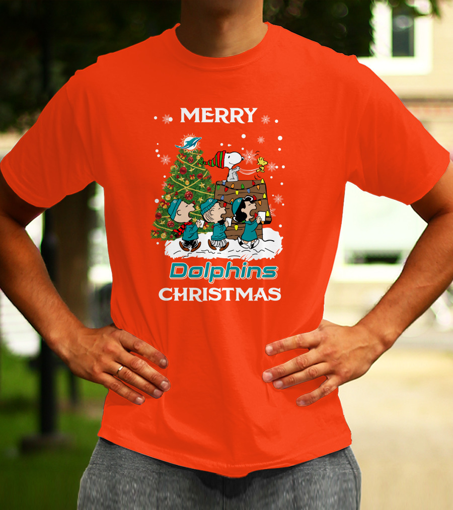 Merry Dolphins Christmas Peanuts Characters With Tree Miami T-Shirt