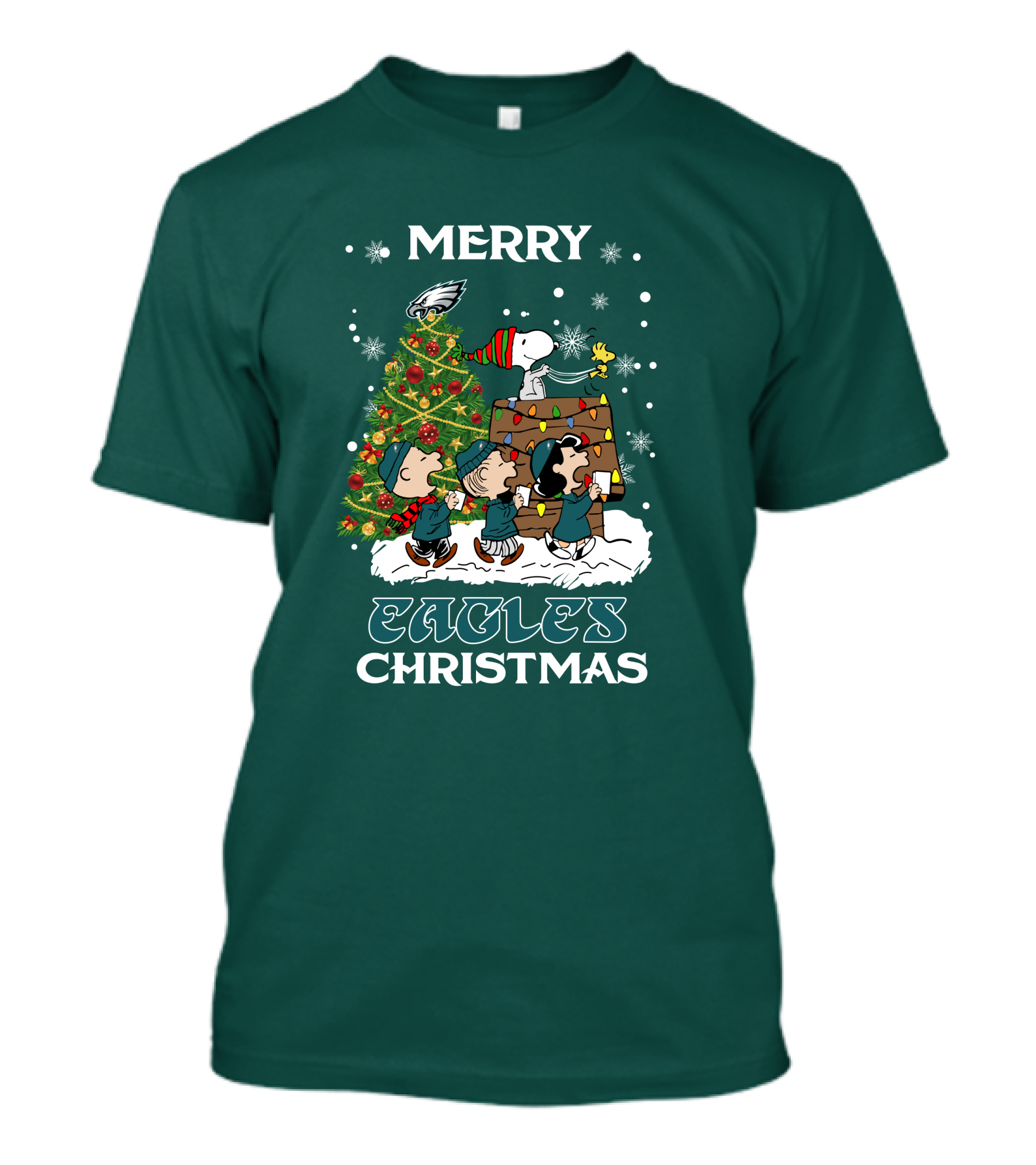 Merry Eagles Christmas Philadelphia Peanuts Christmas Tree Snoopy Woodstock T-Shirt
