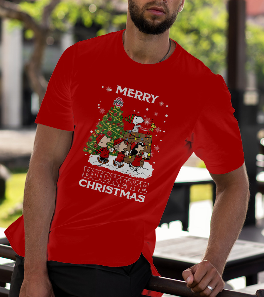 Merry Buckeye Christmas Ohio State Peanuts Christmas Tree T-Shirt