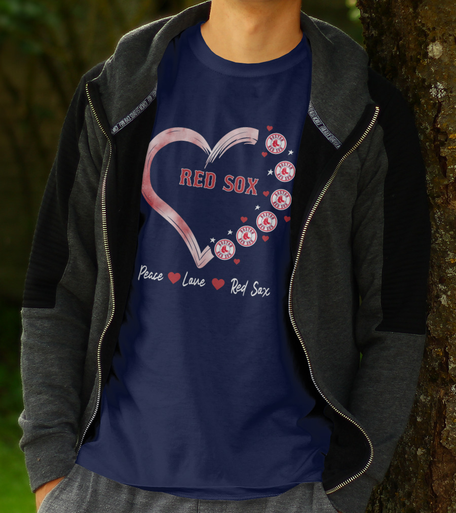 Peace Love Red Sox Heart With Boston Red Sox Logos And Stars T-Shirt