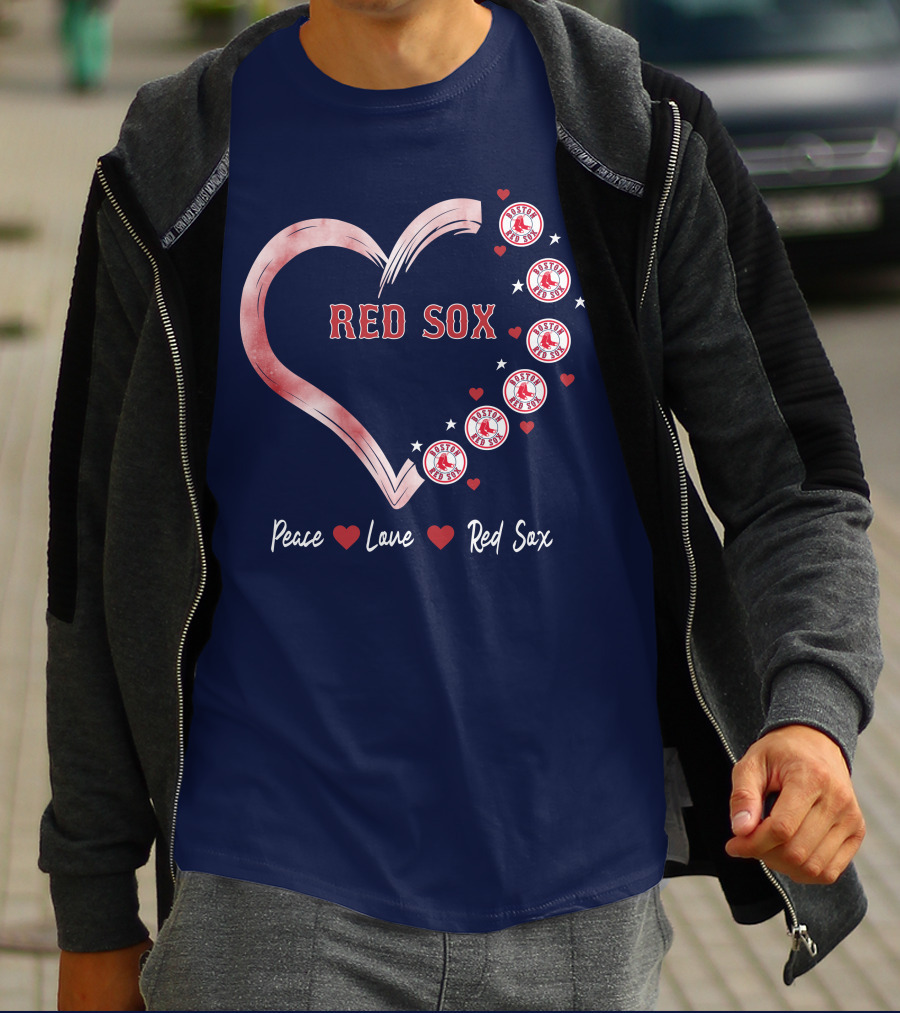 Peace Love Red Sox Heart With Boston Red Sox Logos And Stars T-Shirt