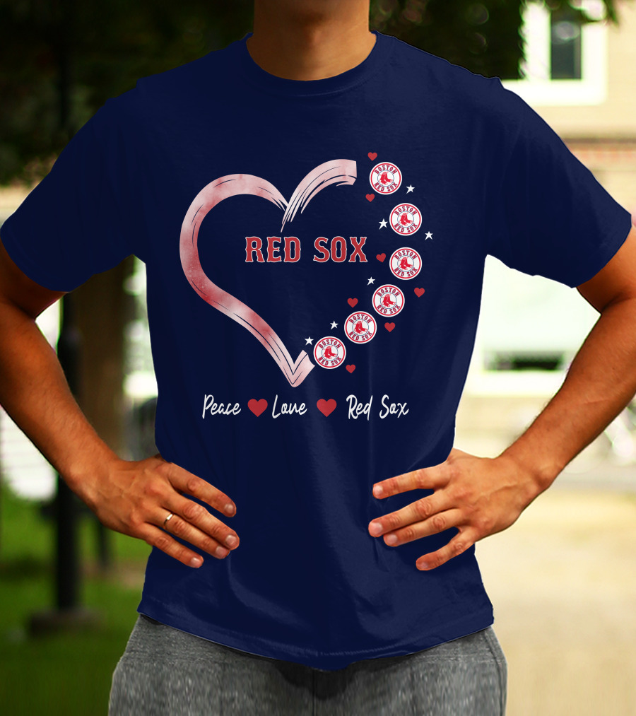 Peace Love Red Sox Heart With Boston Red Sox Logos And Stars T-Shirt