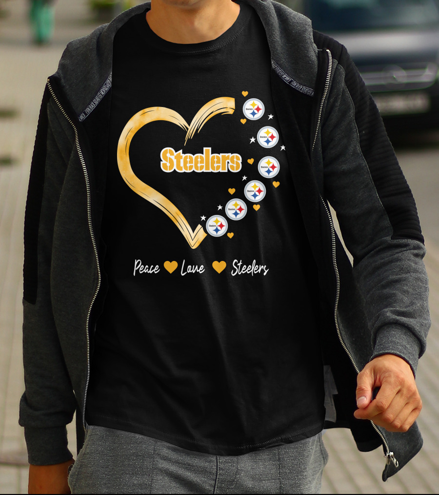 Peace Love Steelers Heart Filled With Pittsburgh Steelers Logos And Stars T-Shirt