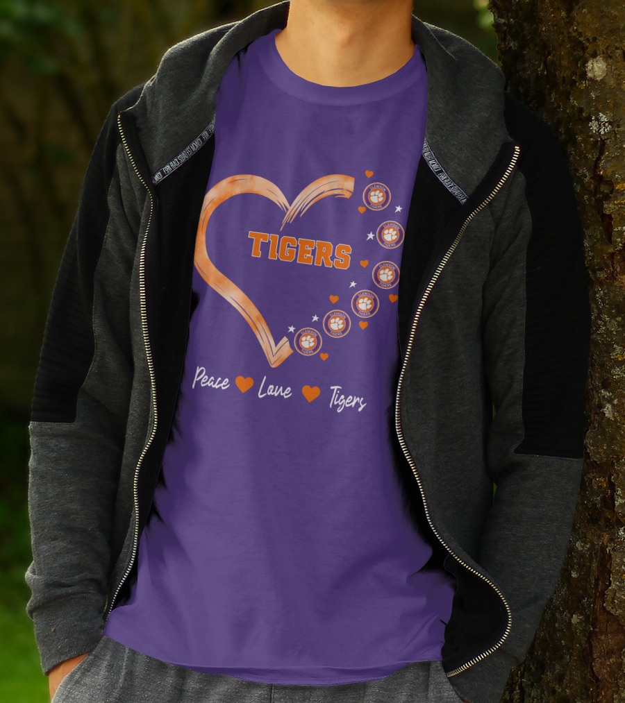 Peace Love Clemson Football Tigers Heart Paw Prints T-Shirt