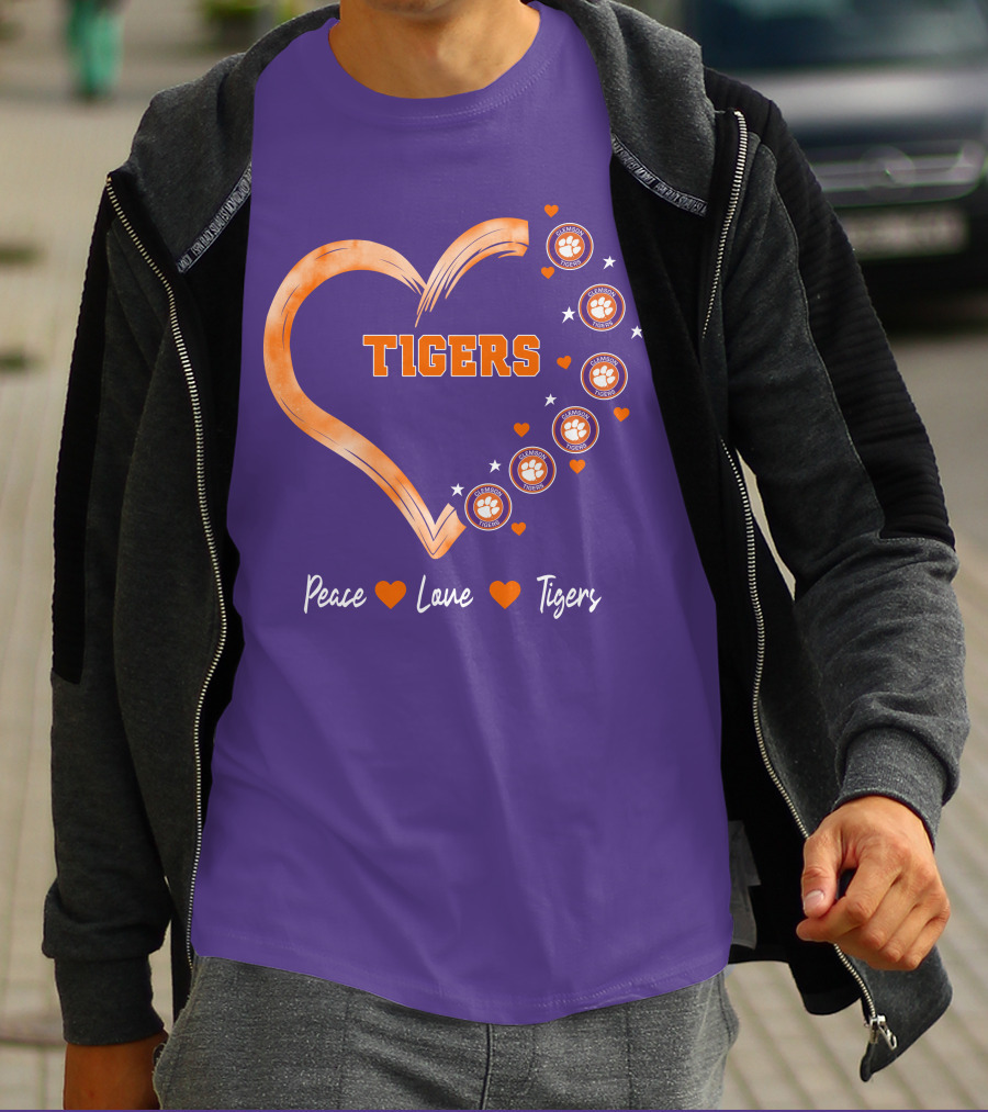 Peace Love Clemson Football Tigers Heart Paw Prints T-Shirt