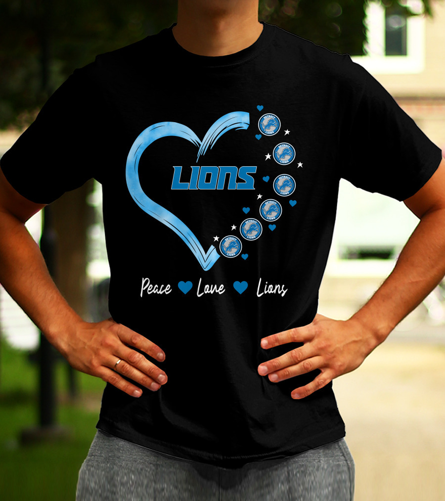 Peace Love Detroit Lions Retro Heart Fan Emblem T-Shirt