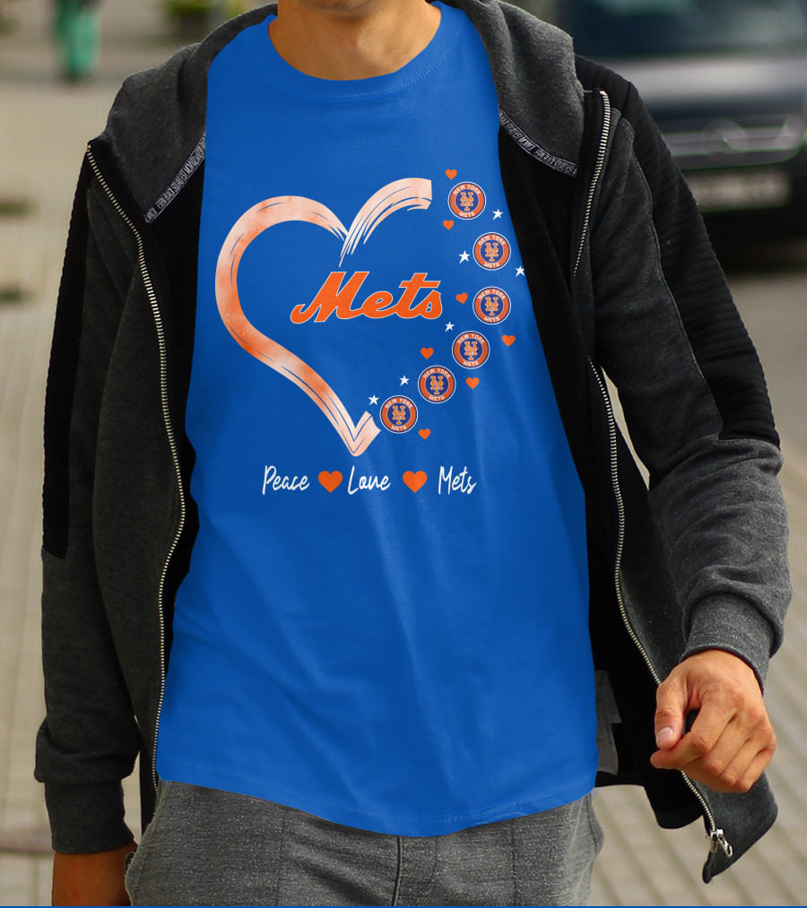 Peace Love Mets New York Mets Logos Hearts T-Shirt