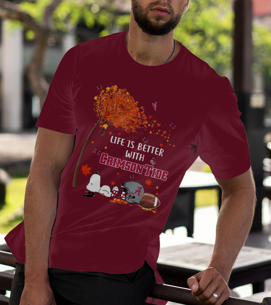 Life Is Better With Crimson Tide Alabama Football Autumn Leaves Butterflies Snoopy Woodstock T-Shirt