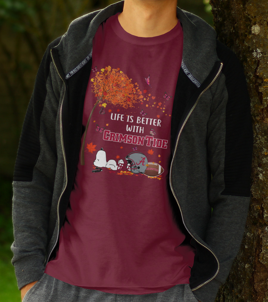 Life Is Better With Crimson Tide Alabama Football Autumn Leaves Butterflies Snoopy Woodstock T-Shirt