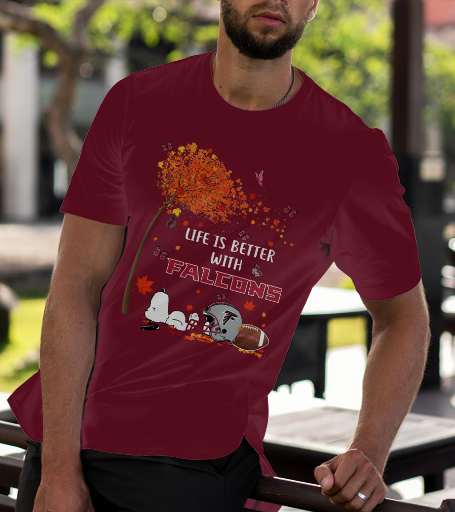 Life Is Better With Falcons Autumn Leaves Helmet Football Snoopy T-Shirt